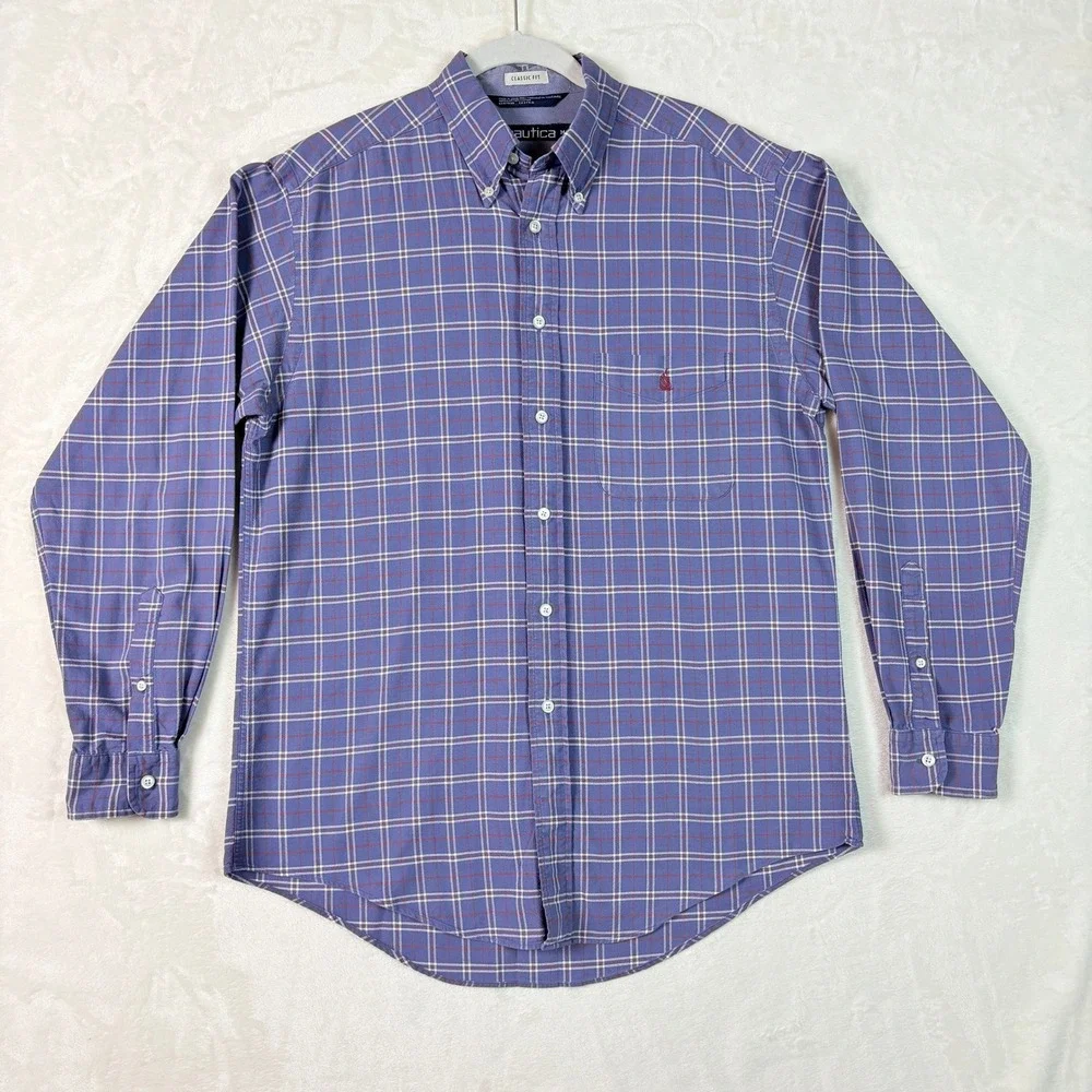 Nautica Button Down Shirt Men Medium Blue Plaid Good Classic Fit Cotton Long Slv